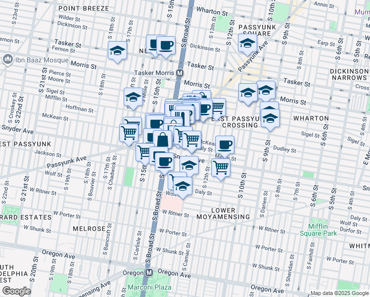 map of restaurants, bars, coffee shops, grocery stores, and more near 1323 McKean Street in Philadelphia