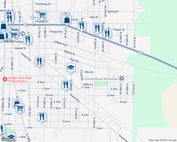 map of restaurants, bars, coffee shops, grocery stores, and more near 2430 Plum Street in New Castle