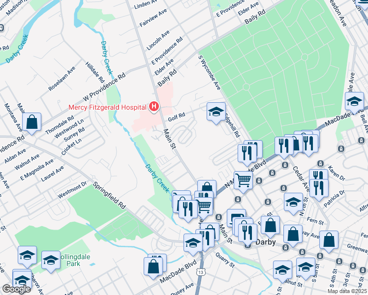 map of restaurants, bars, coffee shops, grocery stores, and more near 20 Mermont Circle in Darby