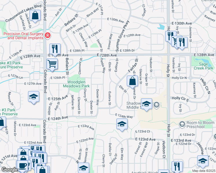map of restaurants, bars, coffee shops, grocery stores, and more near 12705 Elm Street in Thornton