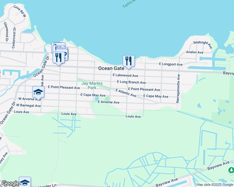 map of restaurants, bars, coffee shops, grocery stores, and more near 319 West Point Pleasant Avenue in Ocean Gate