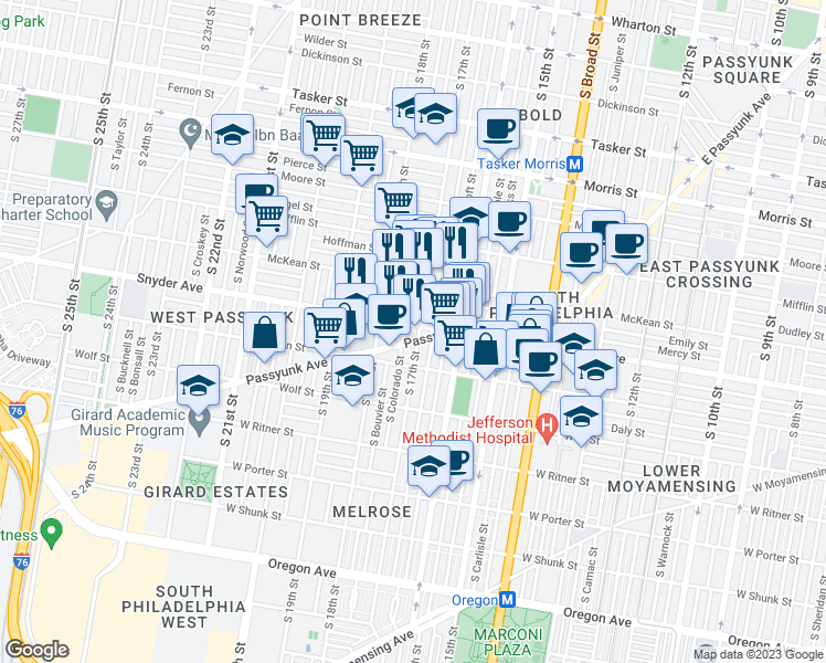 map of restaurants, bars, coffee shops, grocery stores, and more near 2038 South Bouvier Street in Philadelphia
