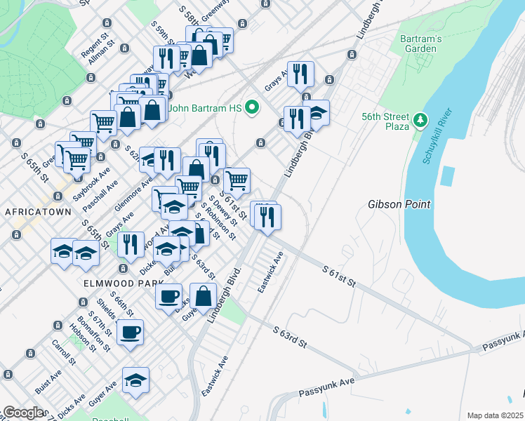 map of restaurants, bars, coffee shops, grocery stores, and more near 2614 South 60th Street in Philadelphia