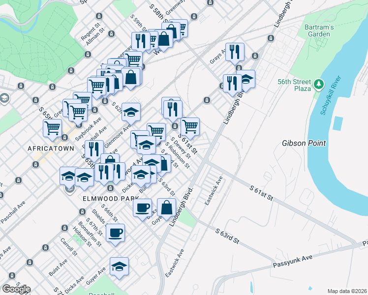 map of restaurants, bars, coffee shops, grocery stores, and more near 2544 South Millick Street in Philadelphia
