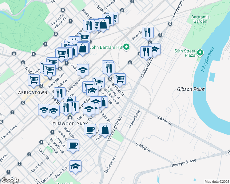 map of restaurants, bars, coffee shops, grocery stores, and more near 2544 South Millick Street in Philadelphia