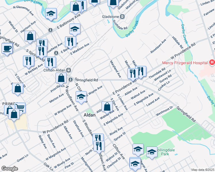 map of restaurants, bars, coffee shops, grocery stores, and more near 47 North Elm Avenue in Aldan