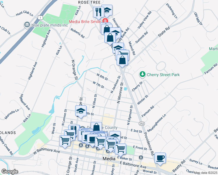 map of restaurants, bars, coffee shops, grocery stores, and more near 800 North Jackson Street in Media