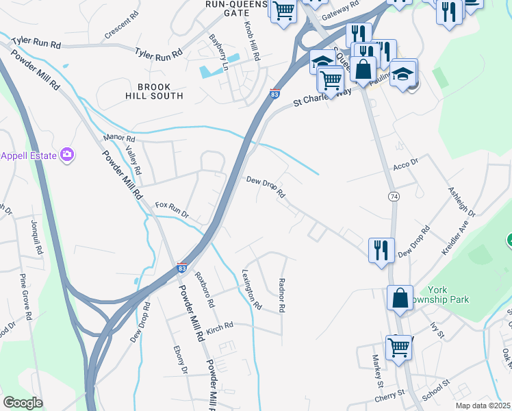 map of restaurants, bars, coffee shops, grocery stores, and more near 183A Dew Drop Road in York