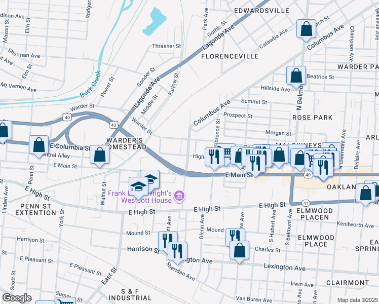 map of restaurants, bars, coffee shops, grocery stores, and more near 133 North Greenmount Avenue in Springfield