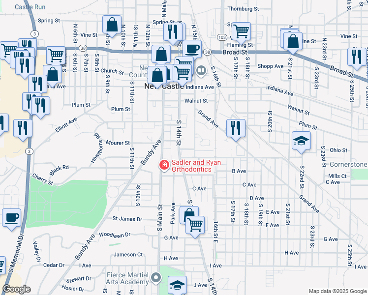 map of restaurants, bars, coffee shops, grocery stores, and more near 711 S 15th St in New Castle