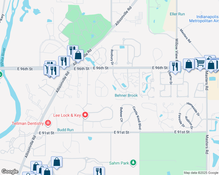 map of restaurants, bars, coffee shops, grocery stores, and more near 9500 Timber View Drive in Indianapolis