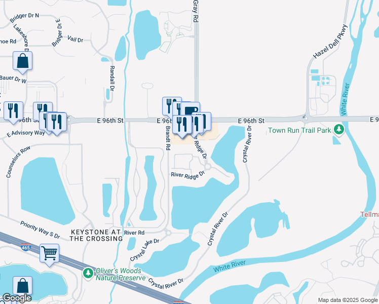 map of restaurants, bars, coffee shops, grocery stores, and more near 9520 River Road in Indianapolis