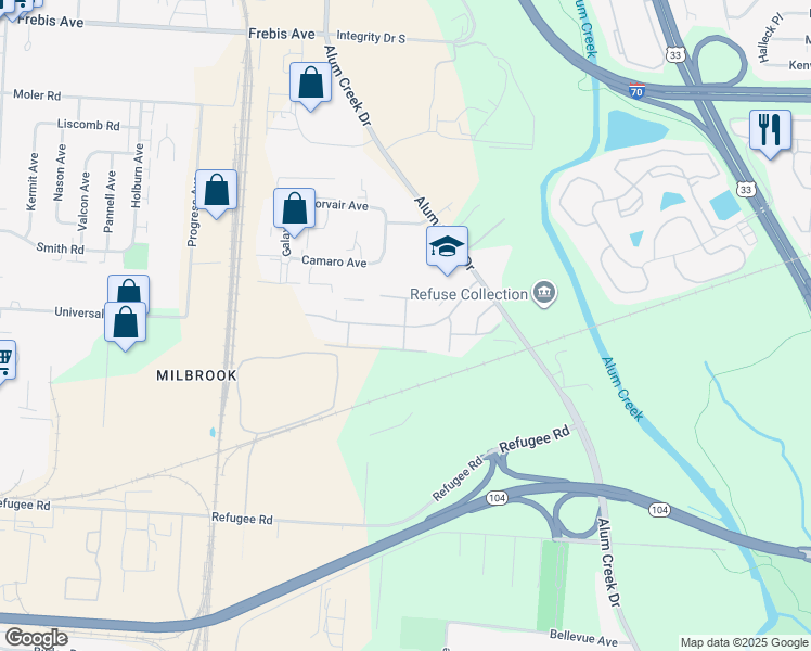 map of restaurants, bars, coffee shops, grocery stores, and more near 2143 Winslow Drive in Columbus