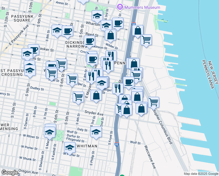 map of restaurants, bars, coffee shops, grocery stores, and more near 142 McClellan Street in Philadelphia