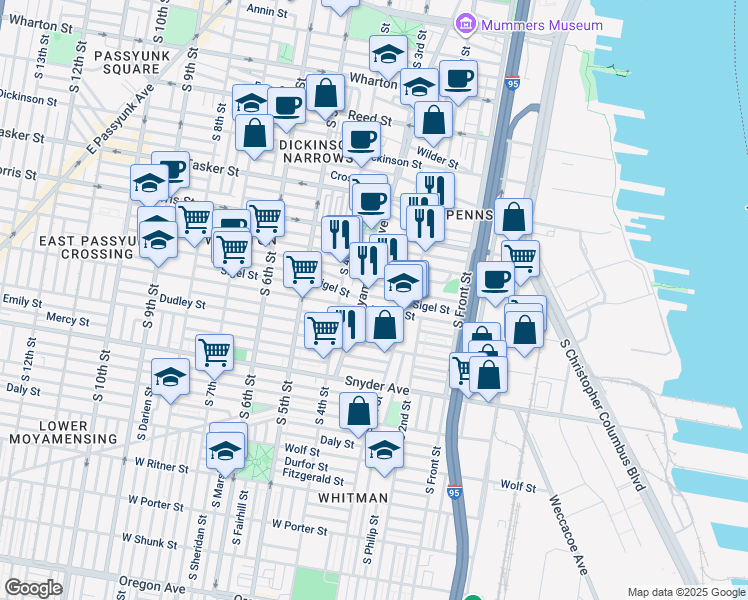 map of restaurants, bars, coffee shops, grocery stores, and more near 254 Sigel St in Philadelphia