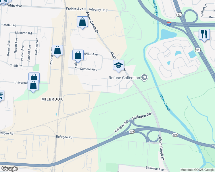 map of restaurants, bars, coffee shops, grocery stores, and more near 2143 Winslow Drive in Columbus