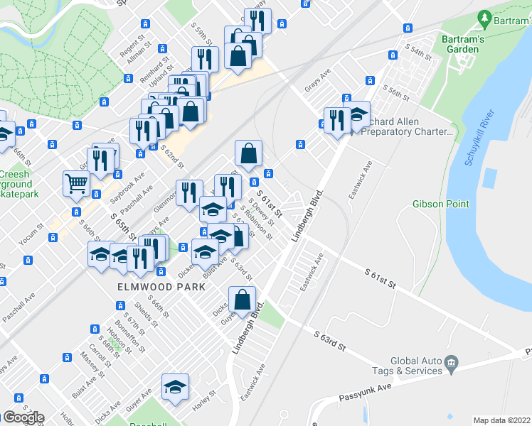 map of restaurants, bars, coffee shops, grocery stores, and more near 2555 South Dewey Street in Philadelphia