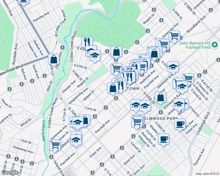 map of restaurants, bars, coffee shops, grocery stores, and more near 2105 South 67th Street in Philadelphia
