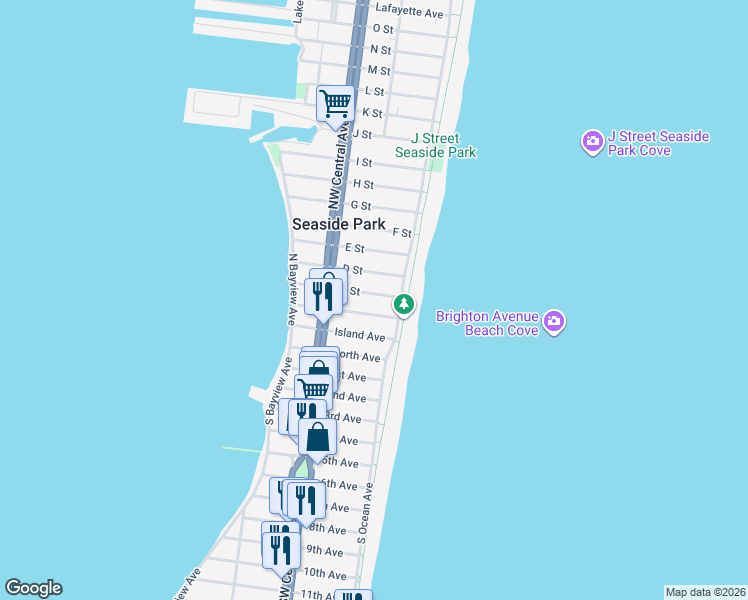 map of restaurants, bars, coffee shops, grocery stores, and more near 19 D Street in Seaside Park
