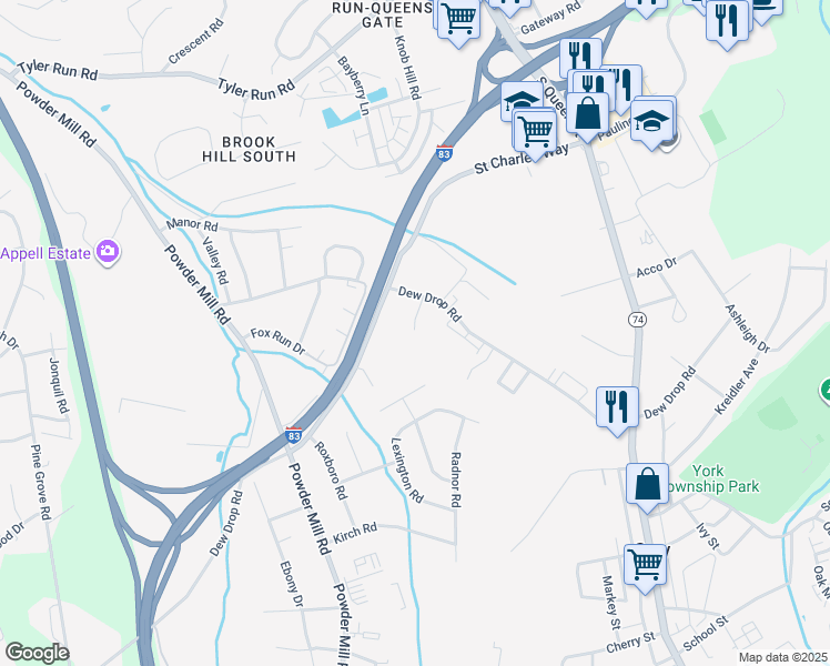 map of restaurants, bars, coffee shops, grocery stores, and more near 42 Oak Ridge Drive in York
