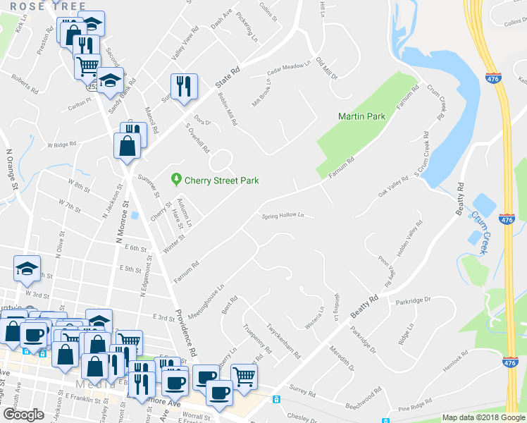 map of restaurants, bars, coffee shops, grocery stores, and more near 497 Spring Hollow Lane in Media