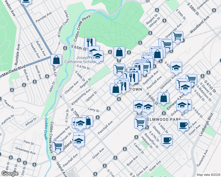 map of restaurants, bars, coffee shops, grocery stores, and more near Greenway Ave & S 67th St in Philadelphia