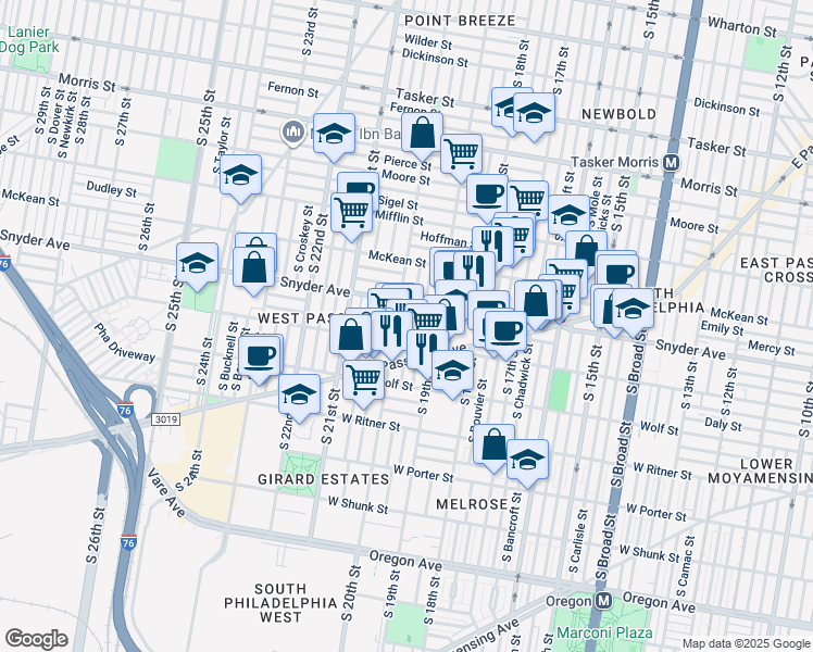 map of restaurants, bars, coffee shops, grocery stores, and more near 2130 South Opal Street in Philadelphia