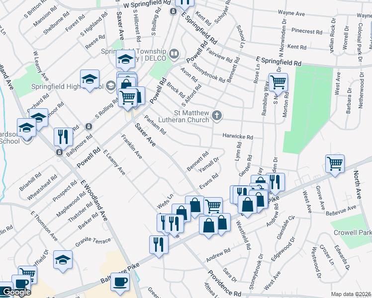 map of restaurants, bars, coffee shops, grocery stores, and more near 346 Harwicke Road in Springfield