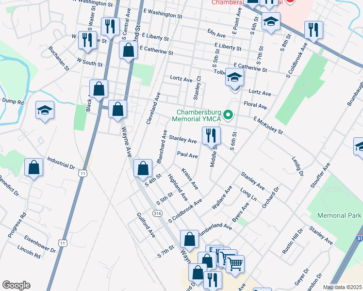 map of restaurants, bars, coffee shops, grocery stores, and more near 820 South 4th Street in Chambersburg