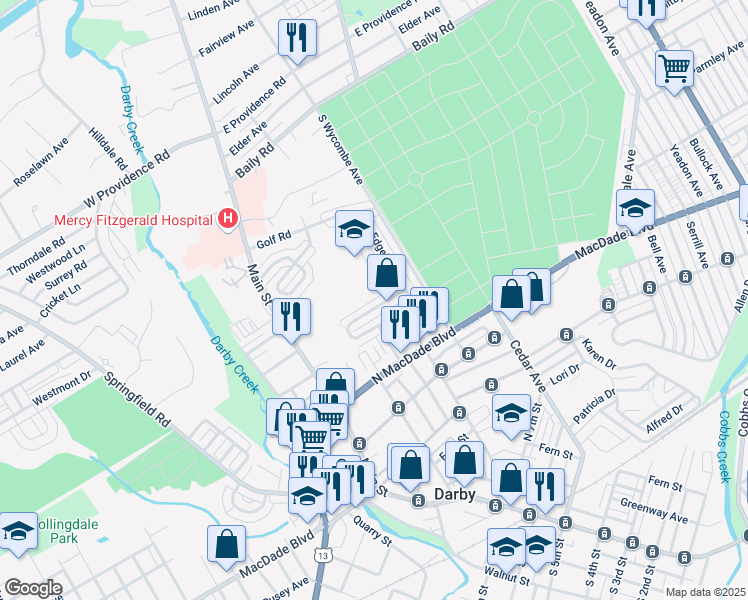 map of restaurants, bars, coffee shops, grocery stores, and more near 1301 Park Lane in Darby