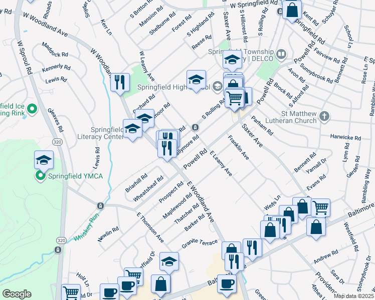 map of restaurants, bars, coffee shops, grocery stores, and more near 331 Ballymore Road in Springfield