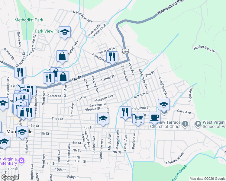 map of restaurants, bars, coffee shops, grocery stores, and more near 163-199 Mulberry Avenue in Moundsville