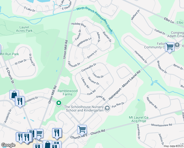 map of restaurants, bars, coffee shops, grocery stores, and more near 726 Lincoln Drive in Mount Laurel Township