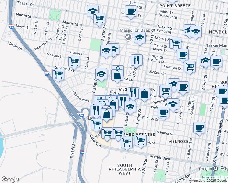 map of restaurants, bars, coffee shops, grocery stores, and more near 2208 South Bonsall Street in Philadelphia