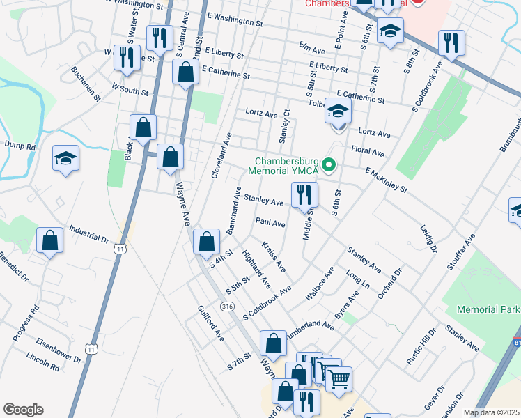 map of restaurants, bars, coffee shops, grocery stores, and more near 820 South 4th Street in Chambersburg