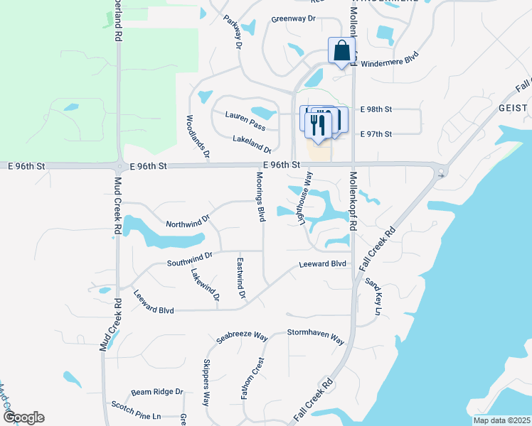 map of restaurants, bars, coffee shops, grocery stores, and more near 9435 Moorings Boulevard in Indianapolis