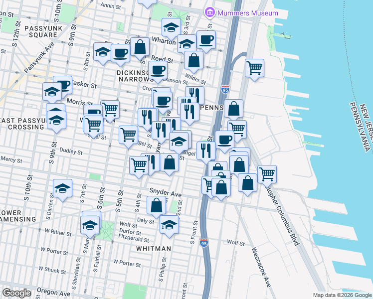 map of restaurants, bars, coffee shops, grocery stores, and more near 208 Moore Street in Philadelphia