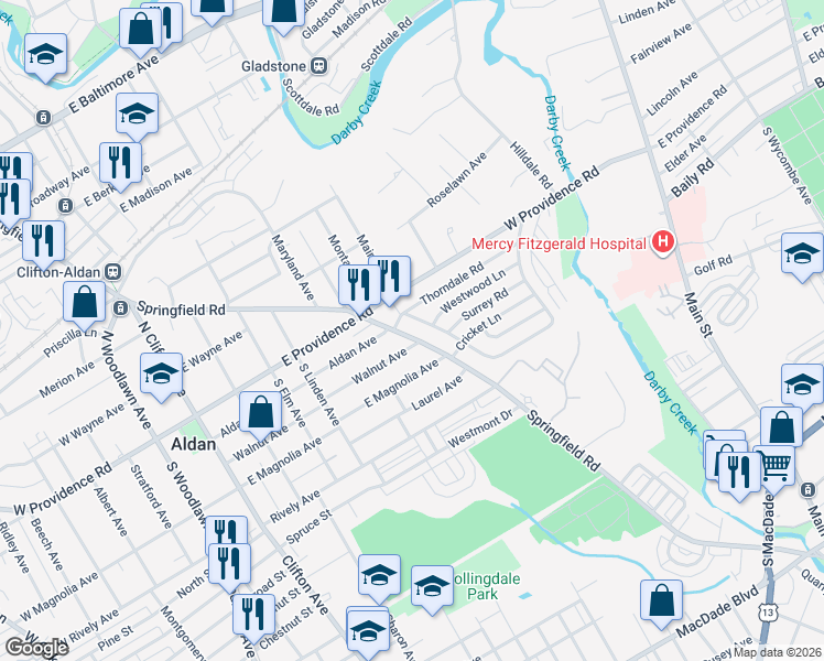 map of restaurants, bars, coffee shops, grocery stores, and more near 711 Thorndale Road in Aldan