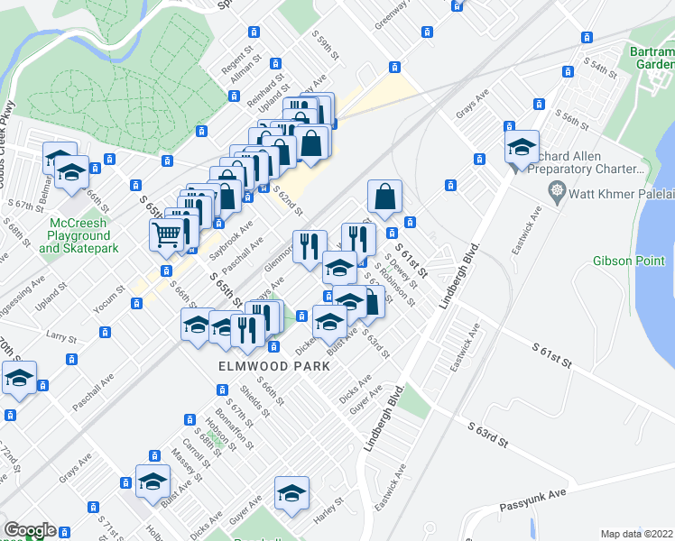 map of restaurants, bars, coffee shops, grocery stores, and more near 6218 Reedland Street in Philadelphia