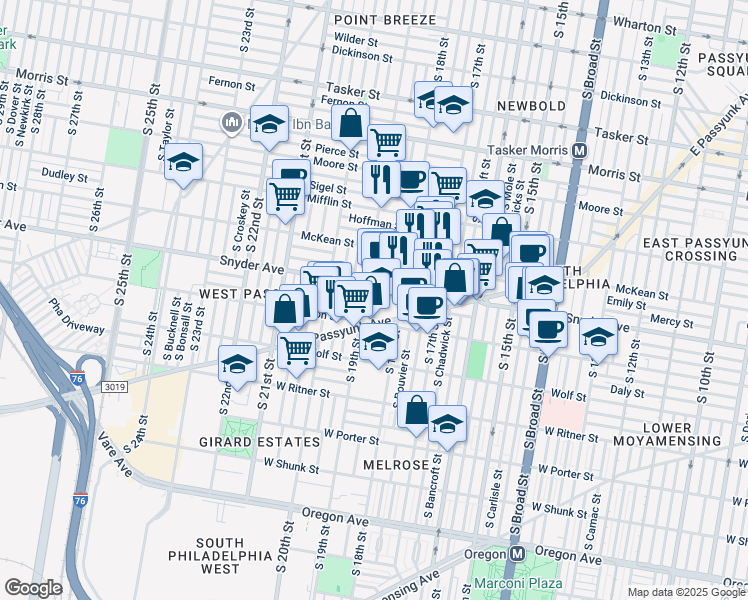map of restaurants, bars, coffee shops, grocery stores, and more near 2138 Dorrance Street in Philadelphia