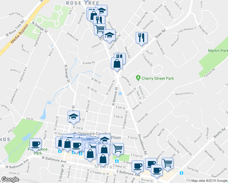map of restaurants, bars, coffee shops, grocery stores, and more near 650 North Monroe Street in Media