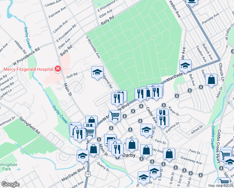 map of restaurants, bars, coffee shops, grocery stores, and more near 1233 Edgehill Road in Darby