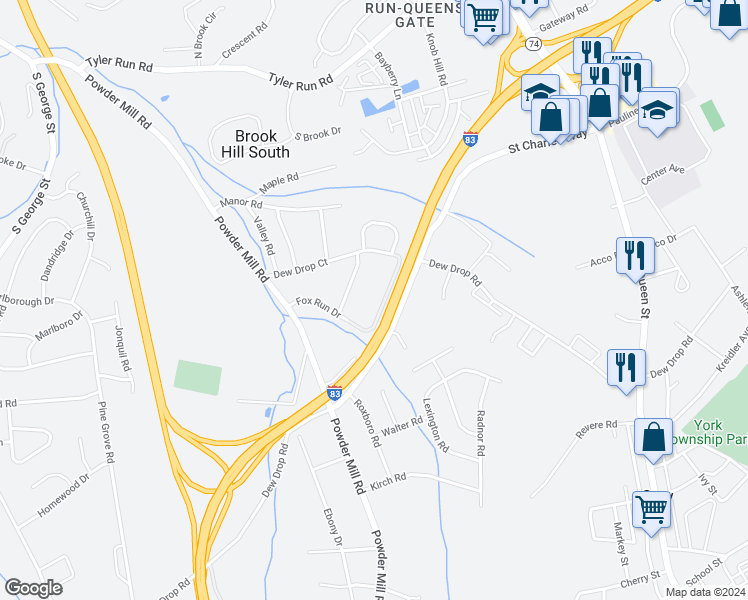 map of restaurants, bars, coffee shops, grocery stores, and more near 106 Dew Drop Court in York