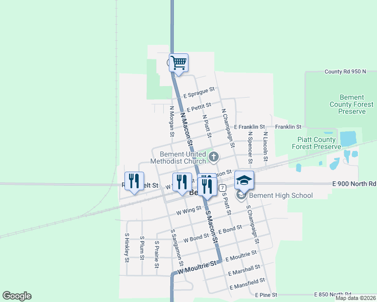 map of restaurants, bars, coffee shops, grocery stores, and more near 449 Macon Street in Bement
