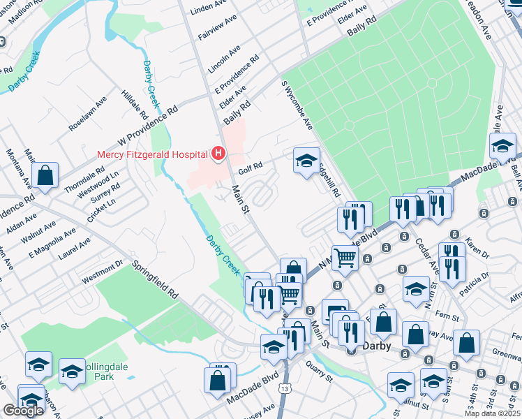 map of restaurants, bars, coffee shops, grocery stores, and more near 20 Mermont Circle in Darby