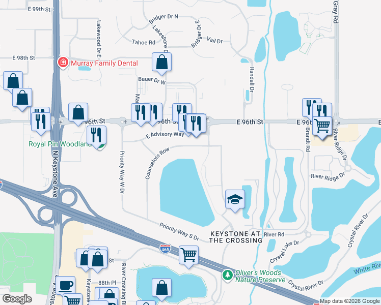 map of restaurants, bars, coffee shops, grocery stores, and more near 9465 Counselors Row in Indianapolis