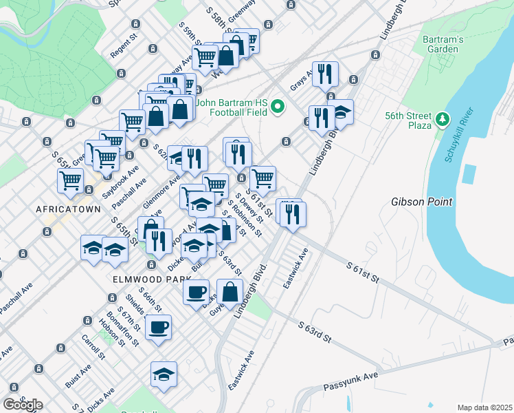 map of restaurants, bars, coffee shops, grocery stores, and more near 2558 South 61st Street in Philadelphia