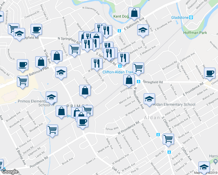 map of restaurants, bars, coffee shops, grocery stores, and more near 527 Cherry Street in Clifton Heights