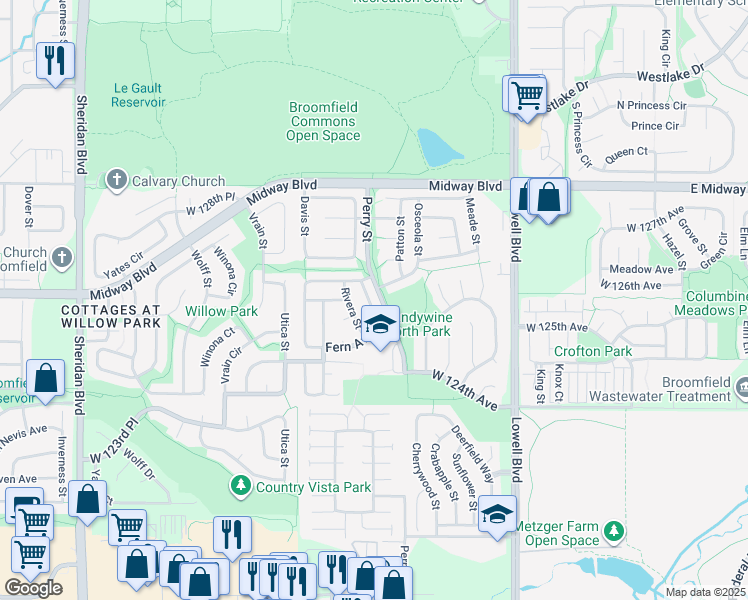 map of restaurants, bars, coffee shops, grocery stores, and more near 12590 Whippoorwill Street in Broomfield