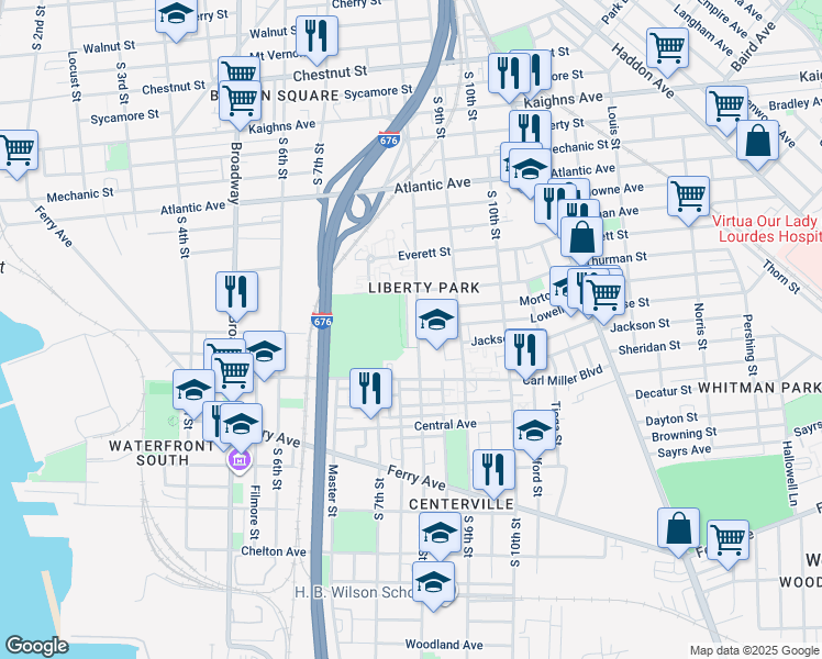 map of restaurants, bars, coffee shops, grocery stores, and more near 1557 South 8th Street in Camden